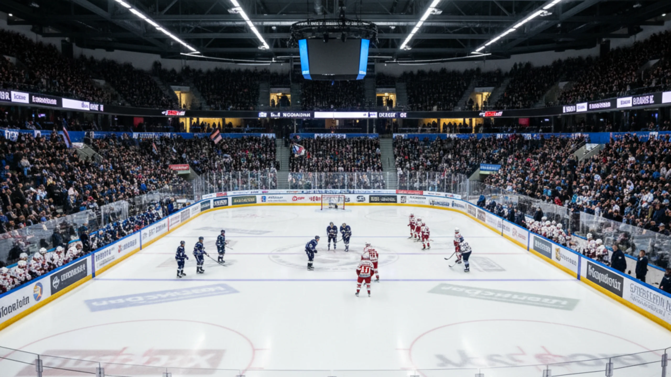 Moderne deutsche DEL-Arena mit vollem Eishockeyfeld und begeisterten Zuschauern
