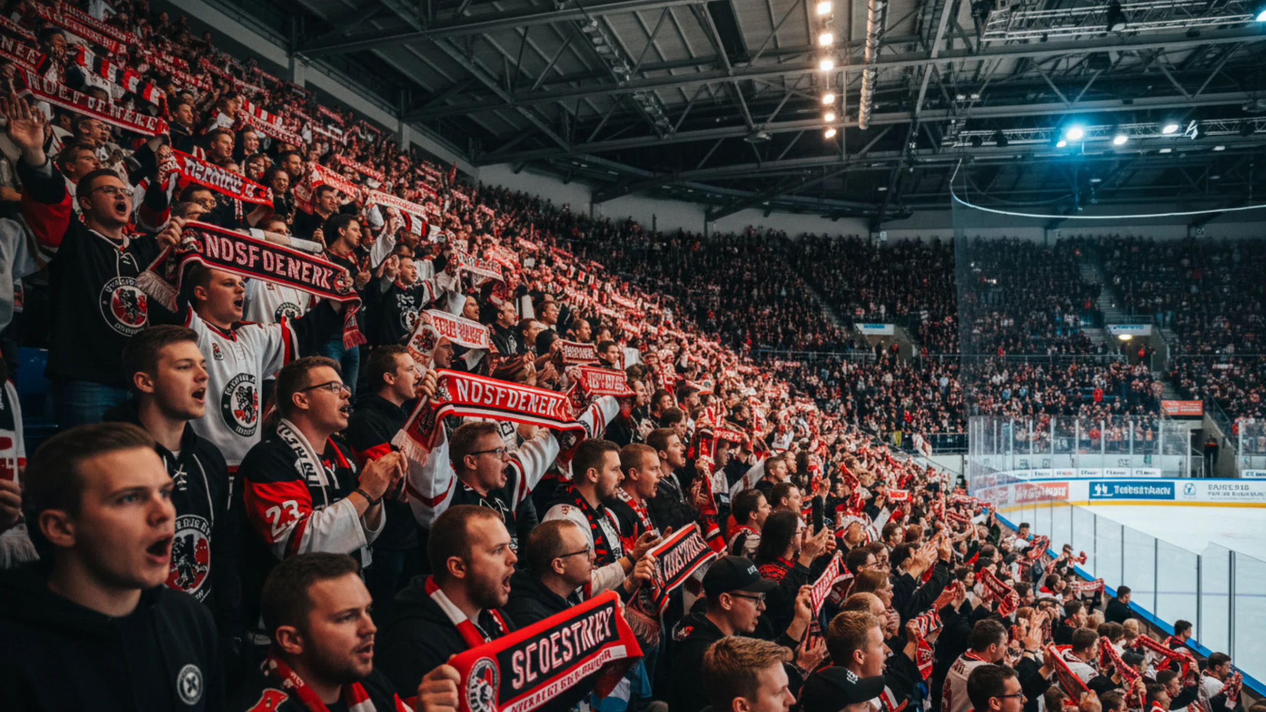 Leidenschaftliche deutsche Eishockeyfans in der Arena während eines intensiven Derbyspiels