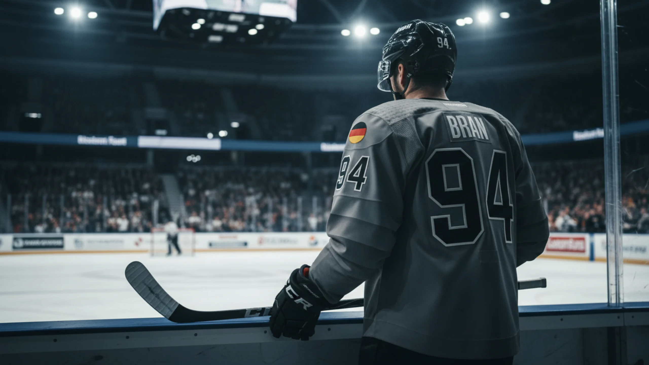 Professioneller Eishockeyspieler mit deutscher Flagge auf der Schulter steht an der Bande und blickt aufs Spielfeld