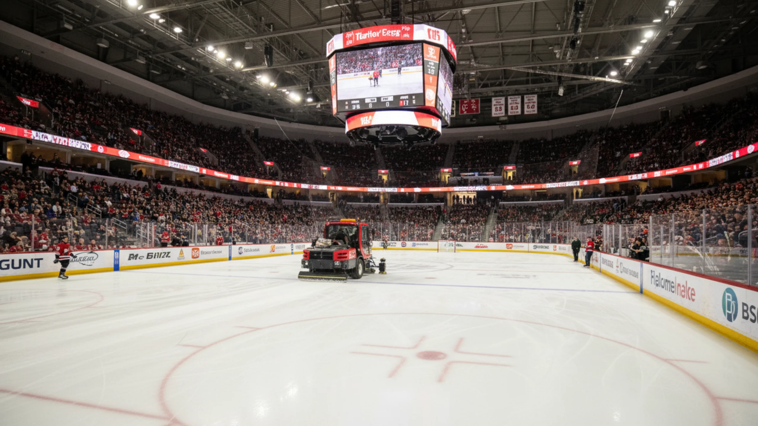 Eishockey-Arena während der Drittelpause mit Zamboni auf dem Eis und Zeit für strategische Analyse