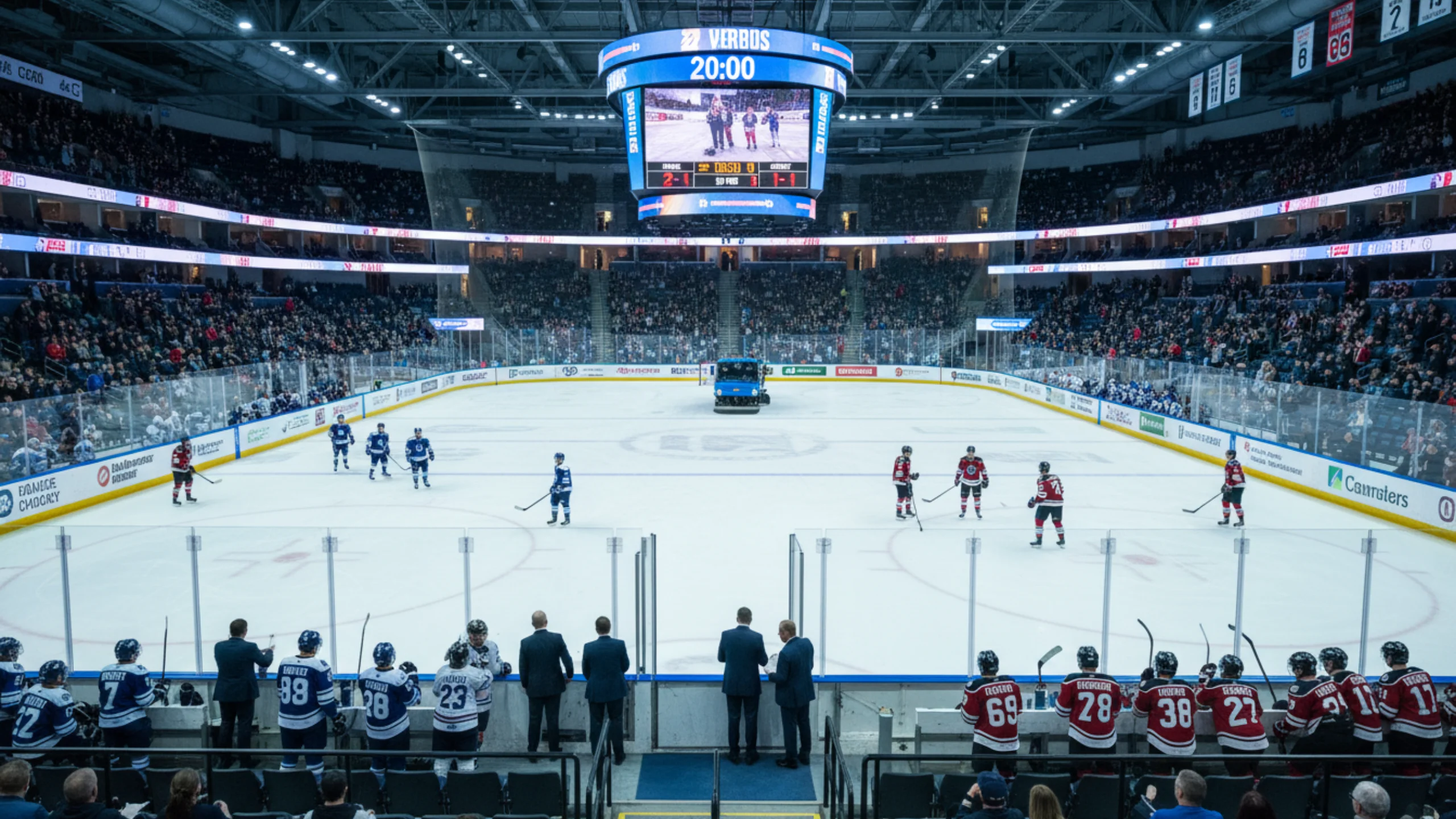 Eishockey-Arena während der Drittelpause mit Uhr und Spielern die zur Bank fahren