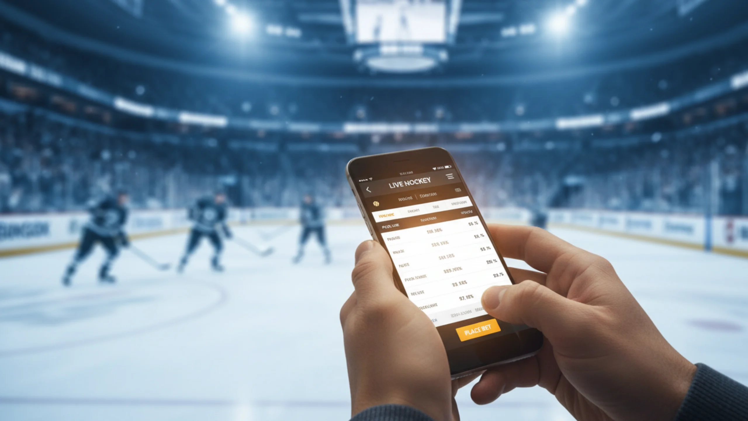 Person mit Smartphone für Live-Wetten in einer Eishockey-Arena während eines spannenden Spiels
