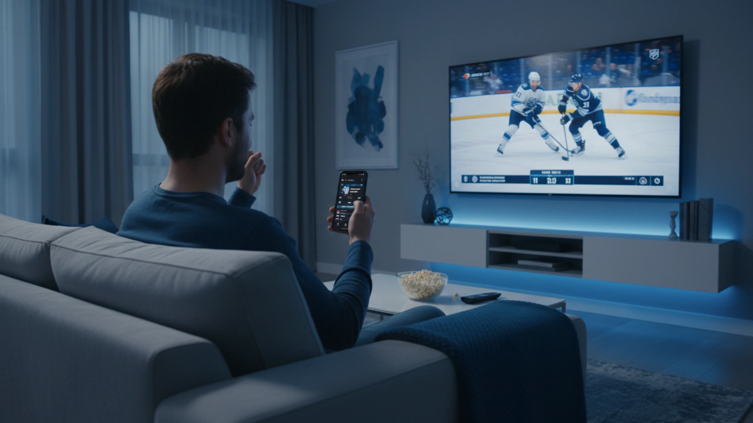 Fan verfolgt Live-Eishockeyspiel im Fernsehen mit Smartphone in der Hand für Live-Wetten