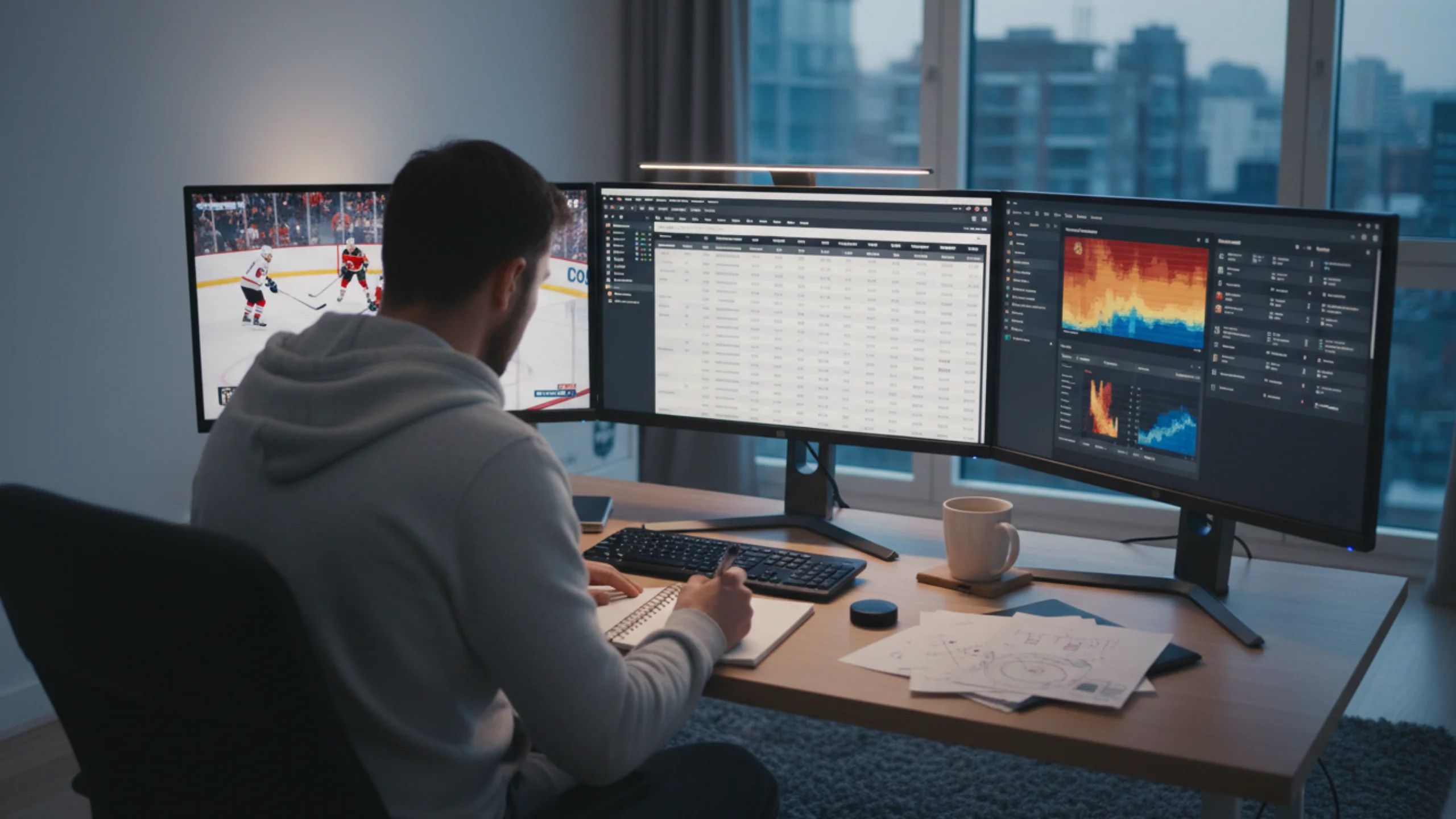 Person analysiert Eishockey-Statistiken an mehreren Bildschirmen für strategische Wettentscheidungen