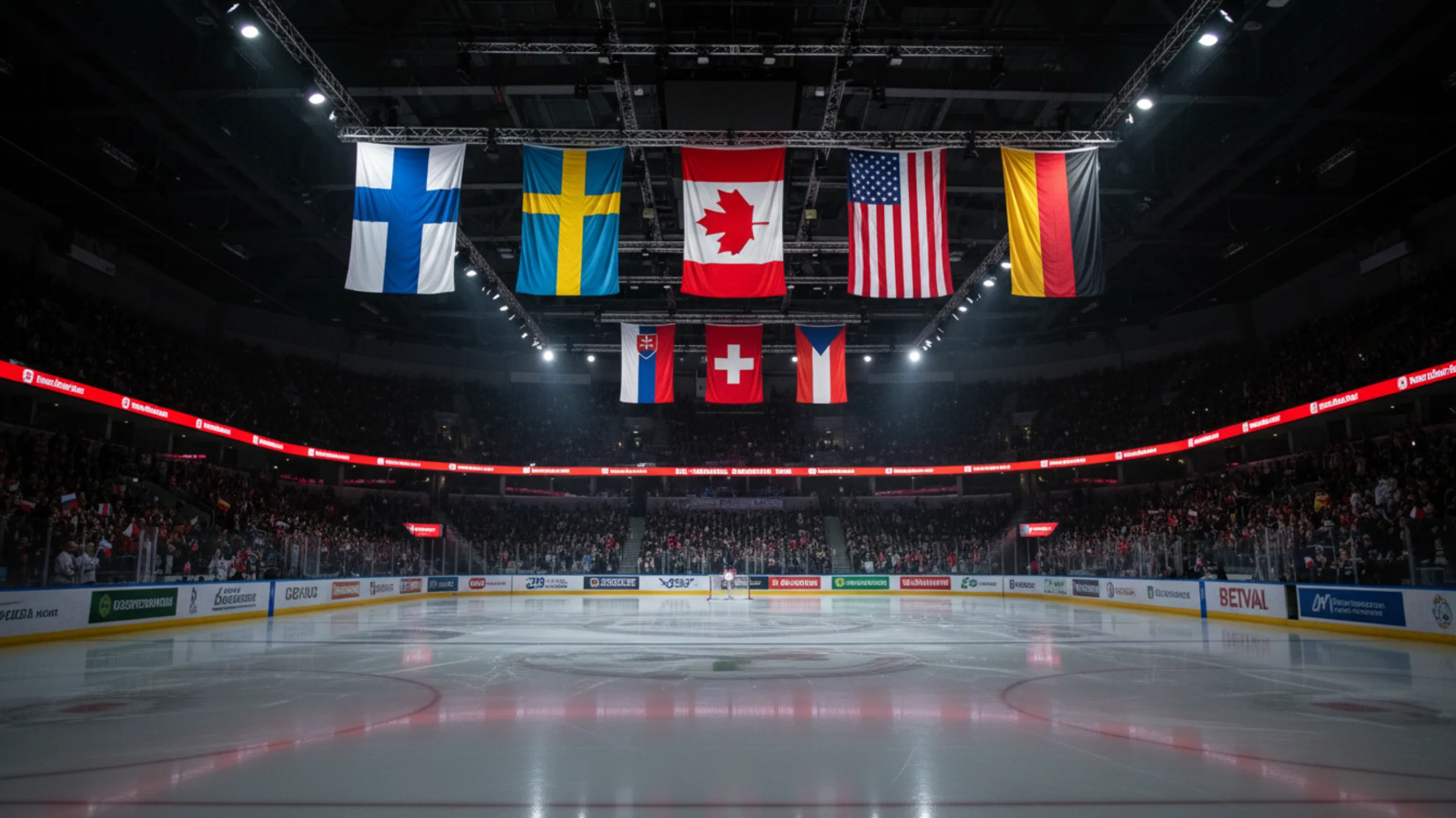 Nationalflaggen der Top-Eishockeynationen in der WM-Arena - Finnland, Schweden, Kanada, USA, Schweiz und Deutschland