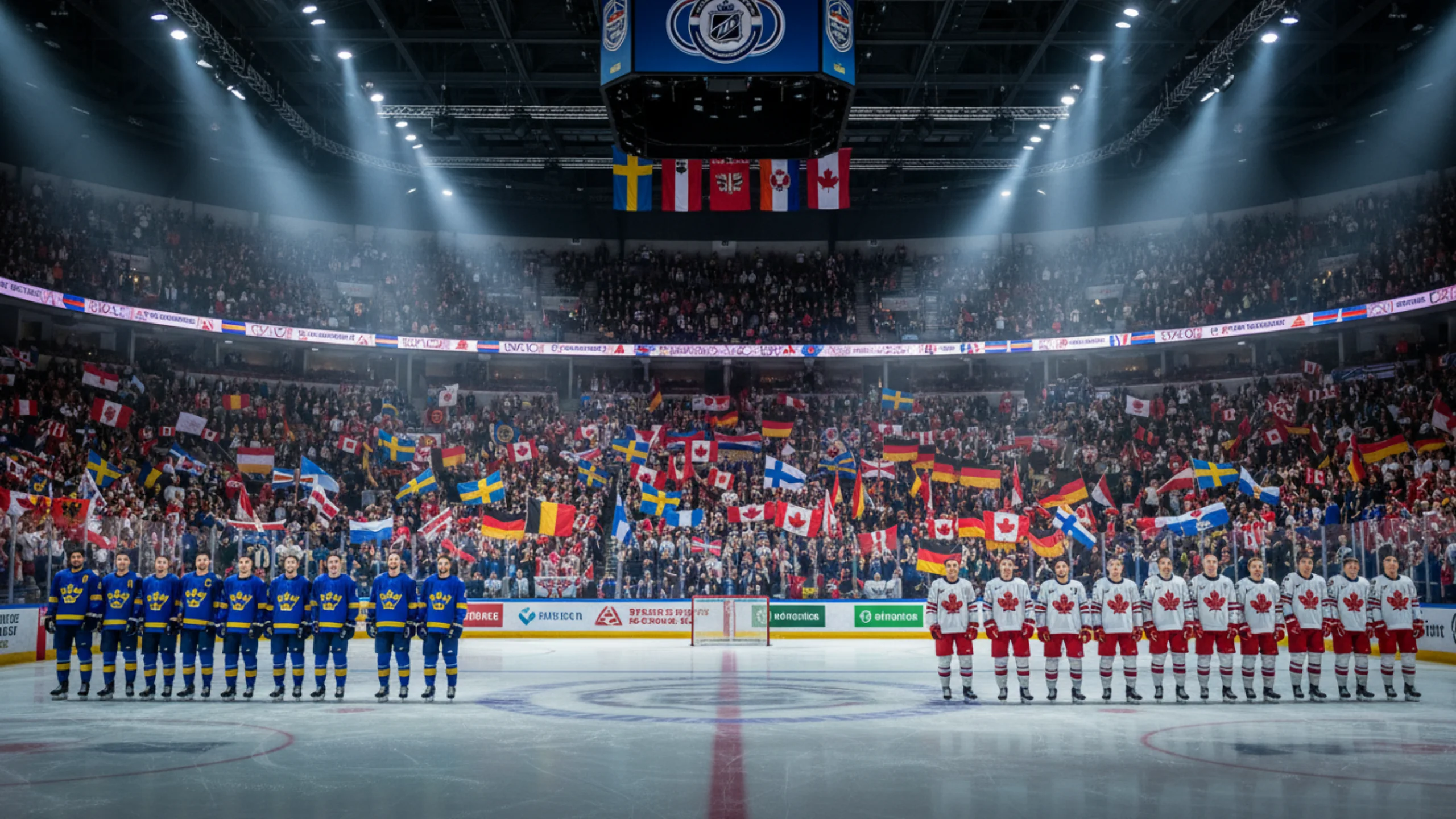 Internationale Eishockey-WM-Arena mit Fans die verschiedene Nationalflaggen schwenken