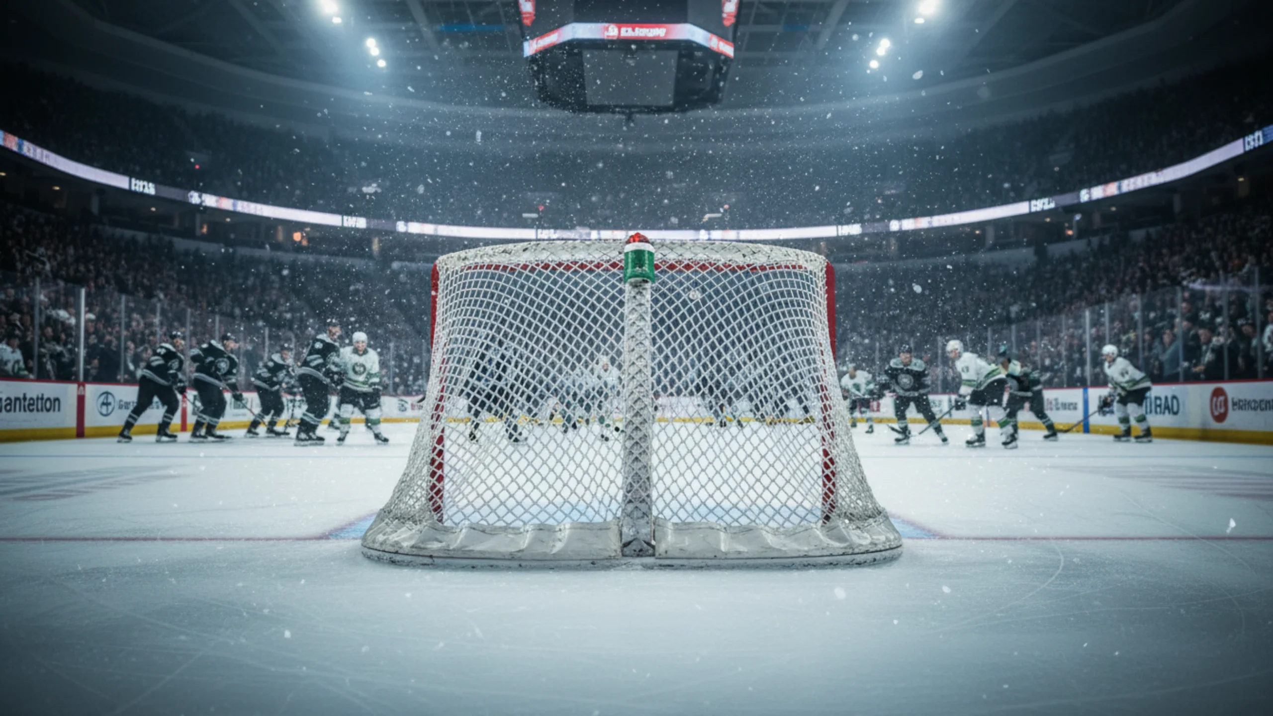 Leeres Eishockeytor ohne Torwart während einer dramatischen Empty-Net-Situation im Spiel