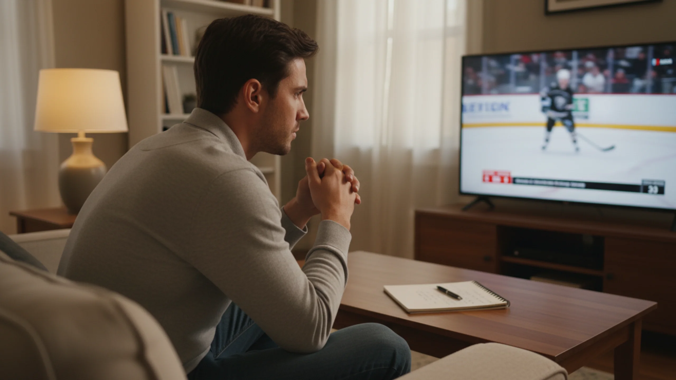 Person beobachtet konzentriert ein Eishockeyspiel im Fernsehen mit disziplinierter analytischer Haltung