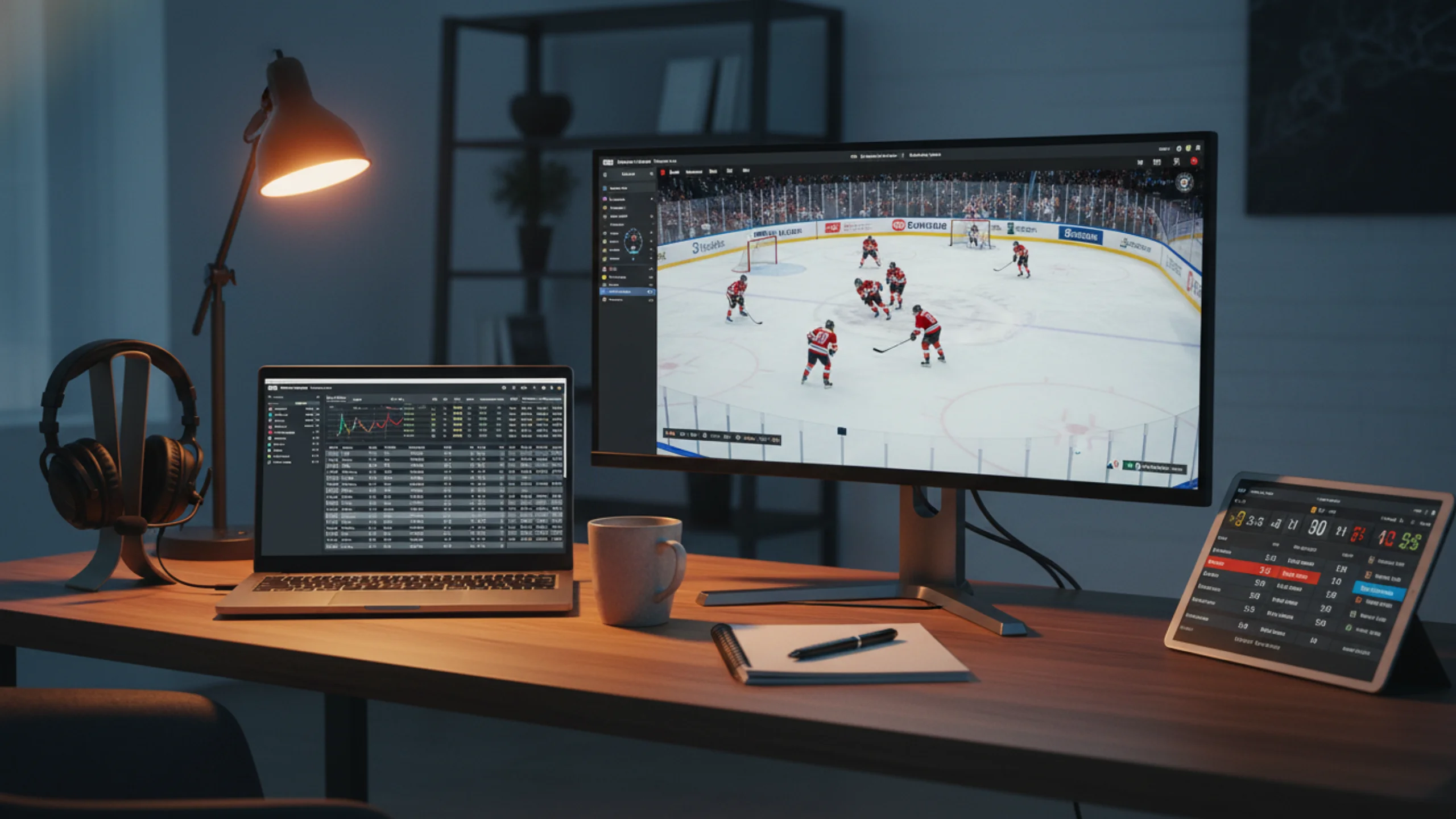 Professionelles Multi-Screen-Setup für Live-Wetten mit Statistiken und Eishockey-Stream