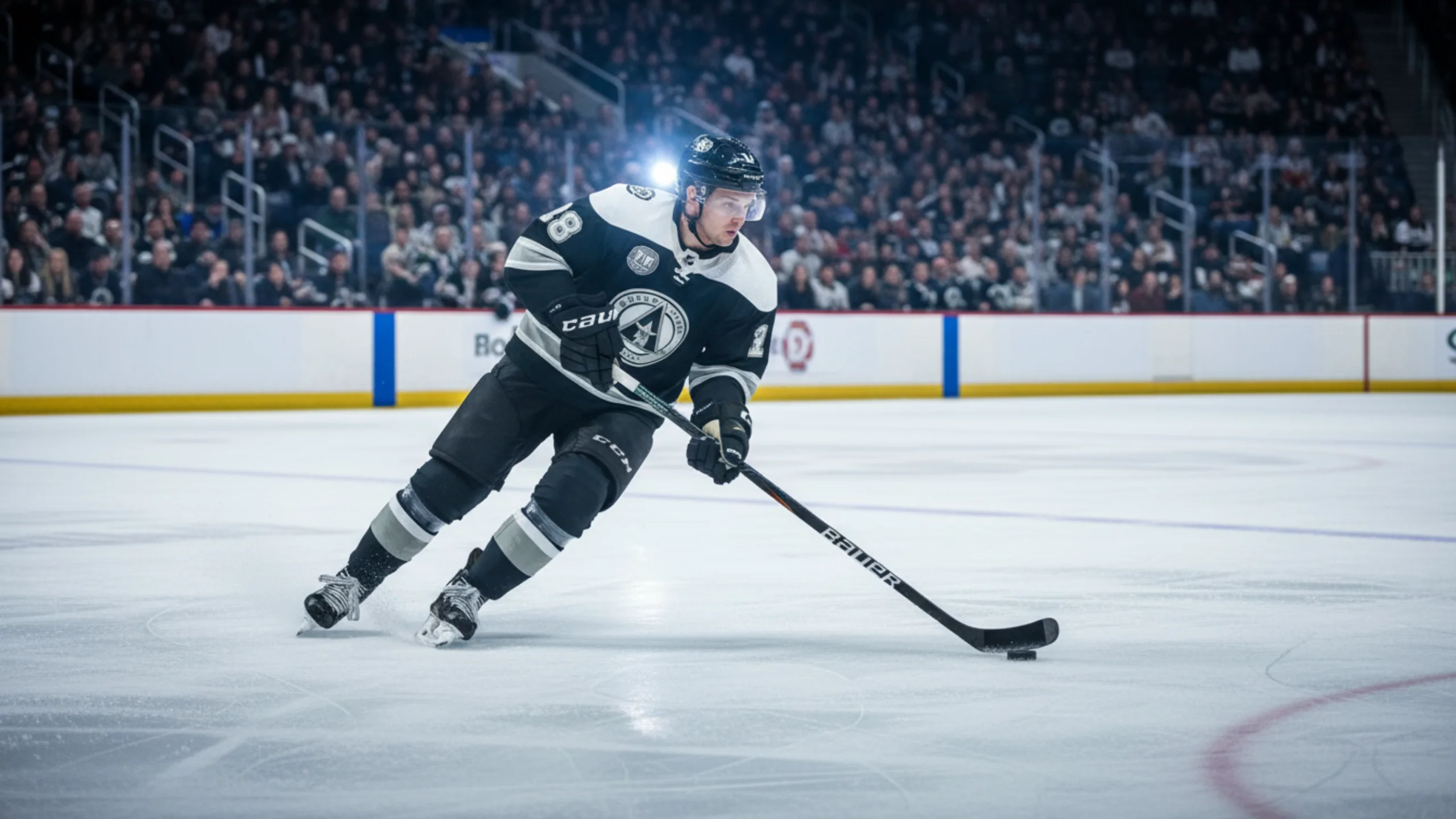 Dynamische Eishockey-Action in einer vollen NHL-Arena mit professionellem Spieler auf dem Eis
