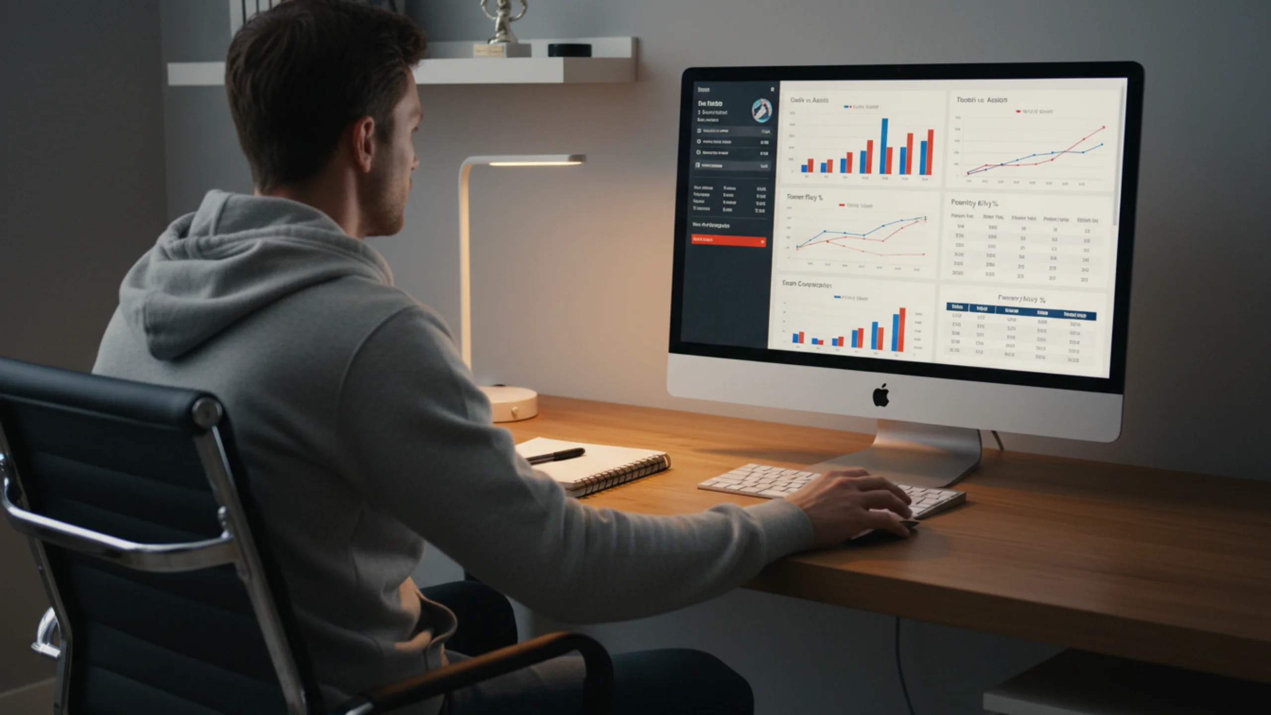 Person analysiert Eishockey-Statistiken und Teamdaten am Computer für strategische Wettentscheidungen