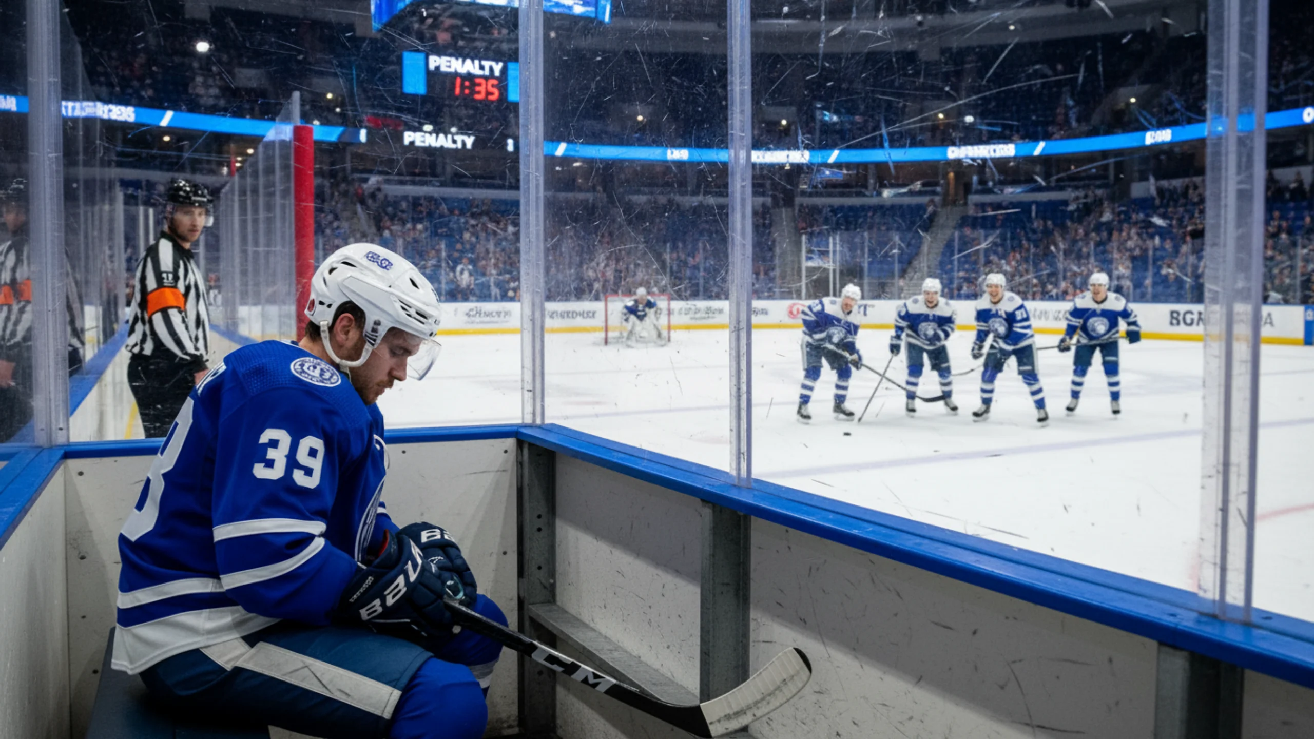 Eishockeyspieler sitzt in der Strafbank während eines Powerplays des gegnerischen Teams