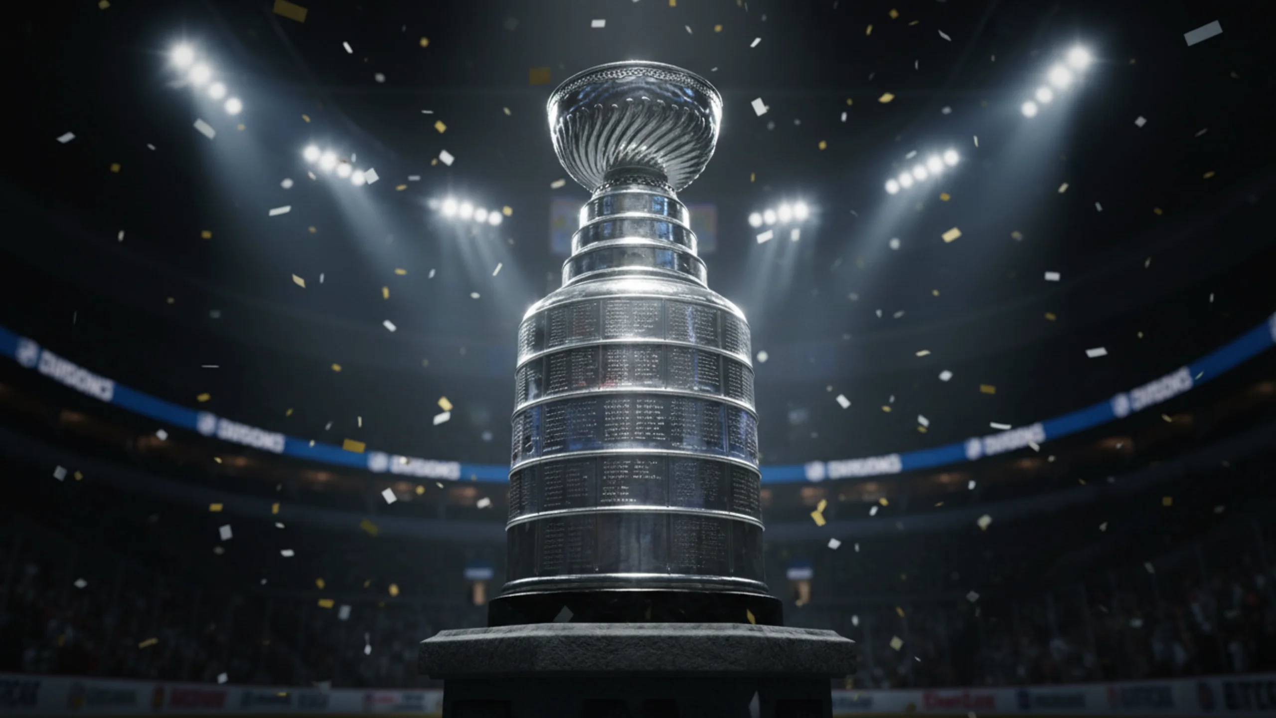 Glanzende Eishockey-Meisterschaftstrophäe im Scheinwerferlicht als Symbol des ultimativen Erfolgs