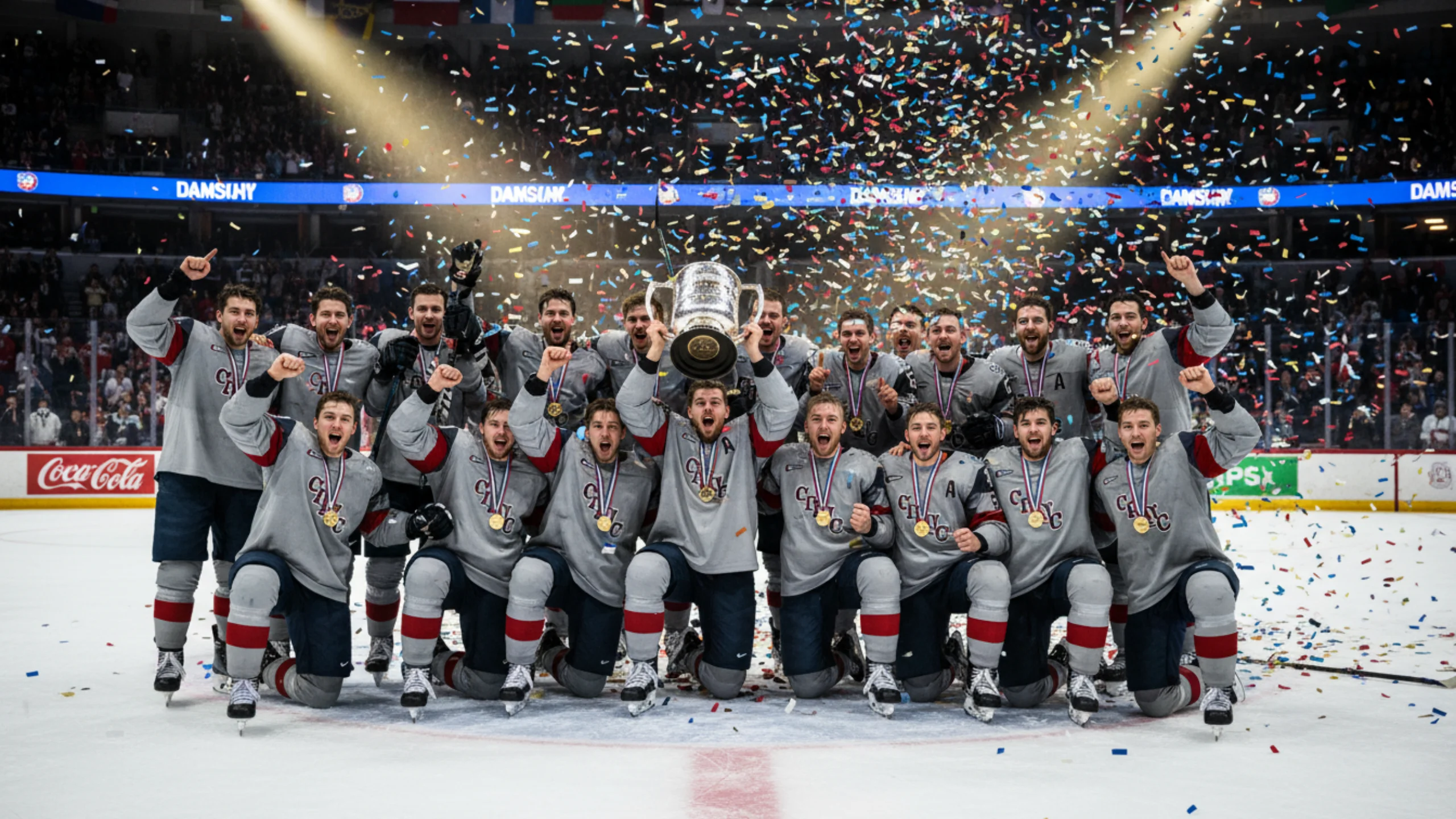 Eishockeyteam feiert den WM-Sieg mit Goldmedaillen und Meisterschaftstrophäe auf dem Eis